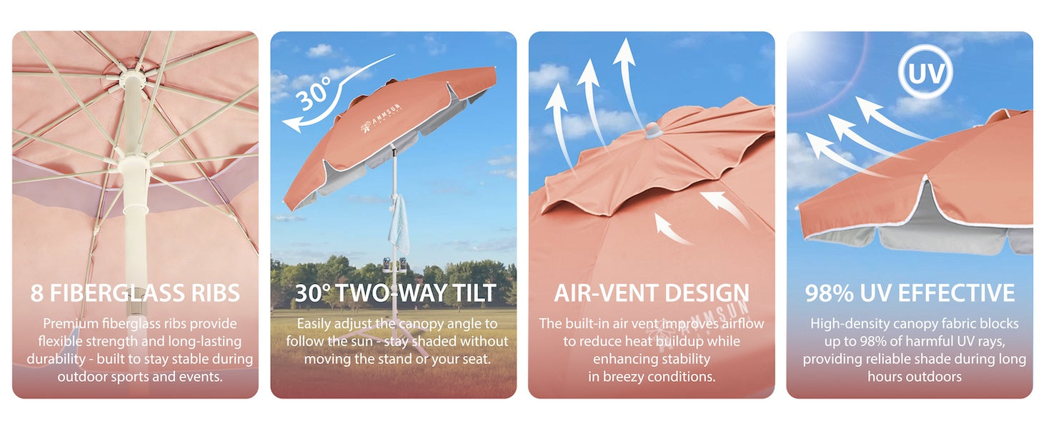 AMMSUN 6.5ft portable umbrella with stand, lightweight sports umbrella with air-vent and 8 fiberglass ribs, tilt