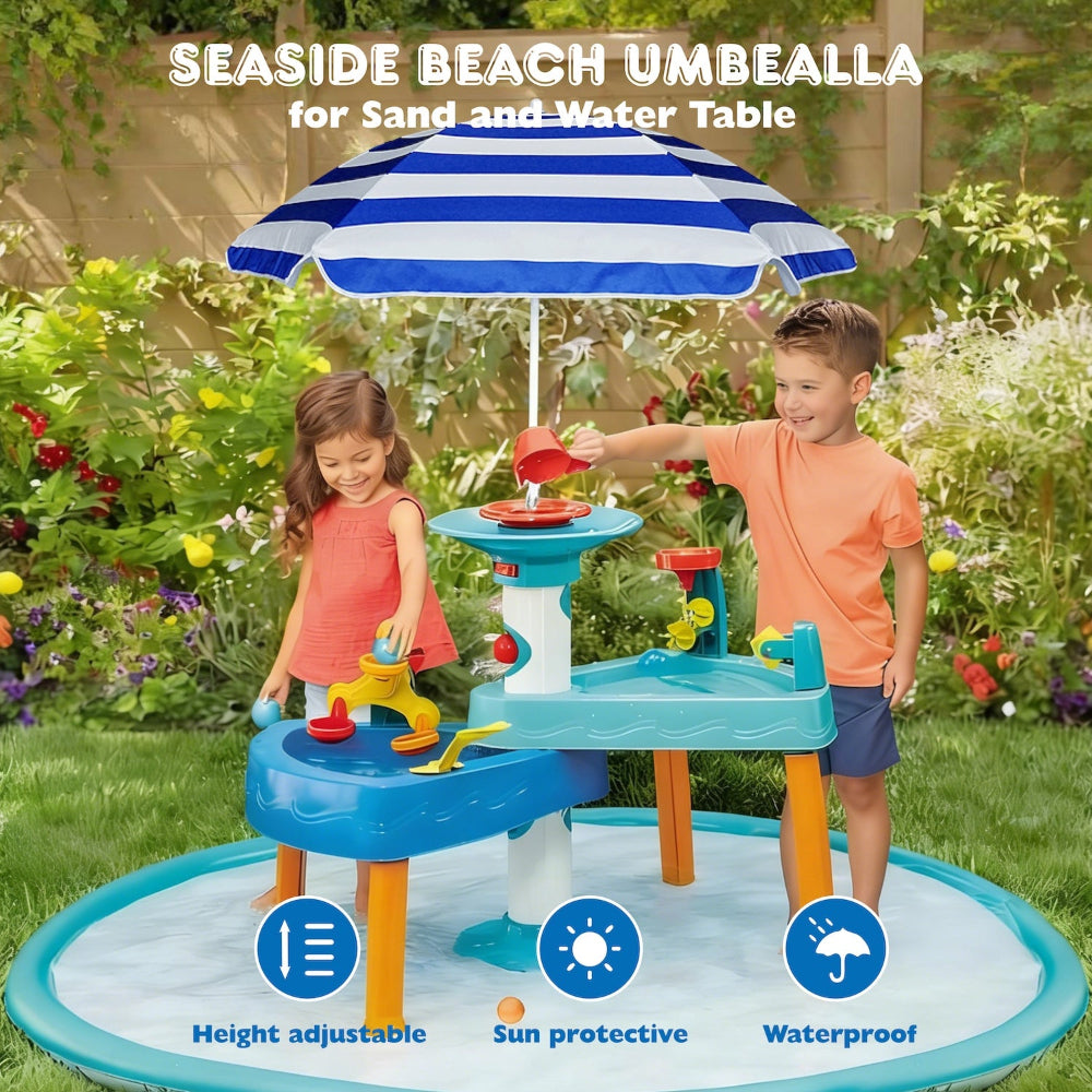 Two kids playing with water table shaded by an AMMSUN 5ft blue white kids outdoor umbrella for camping