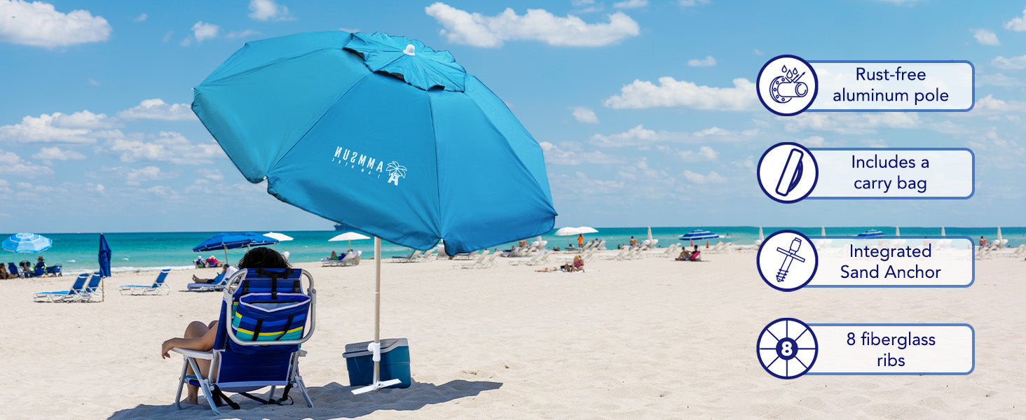 A woman sitting under AMMSUN 6.5ft sky blue folded UV 50+ travel umbrella compact with anchor, featuring tilt and air-vent