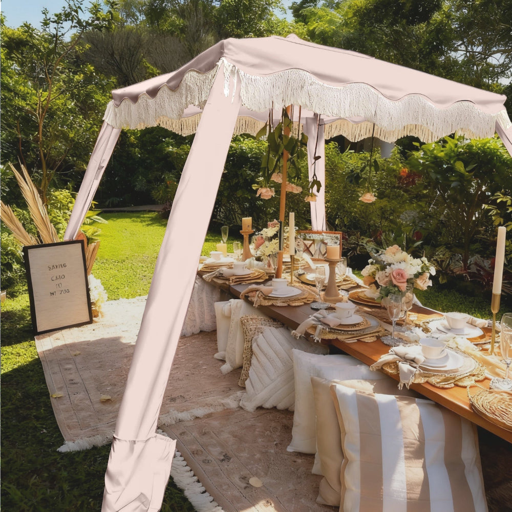 AMMSUN Beach Cabana with Fringe, 7'×7' Boho Beach Canopy with Tassels,  Pink Coral