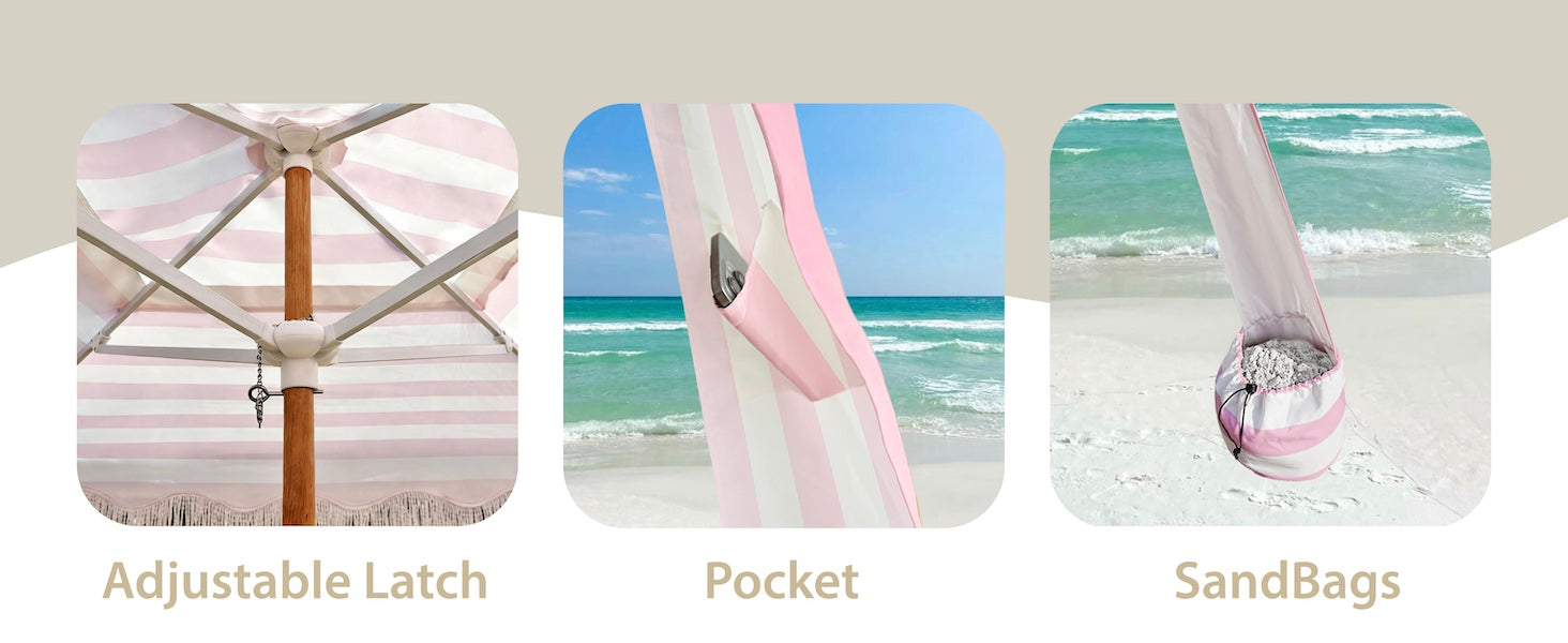 AMMSUN 6'x6' pink stripe fringe boho beach cabana with tassels outdoor canopy witn wood pole & 2 pockets