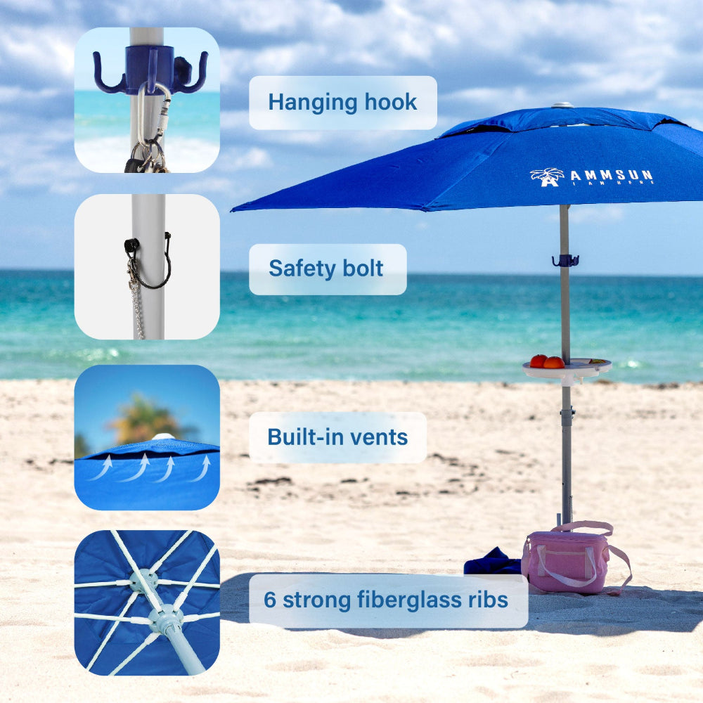 AMMSUN 8ft blue work umbrella heavy duty construction with sand anchor, 6 strong fiberglass ribs has a safety bolt and hook