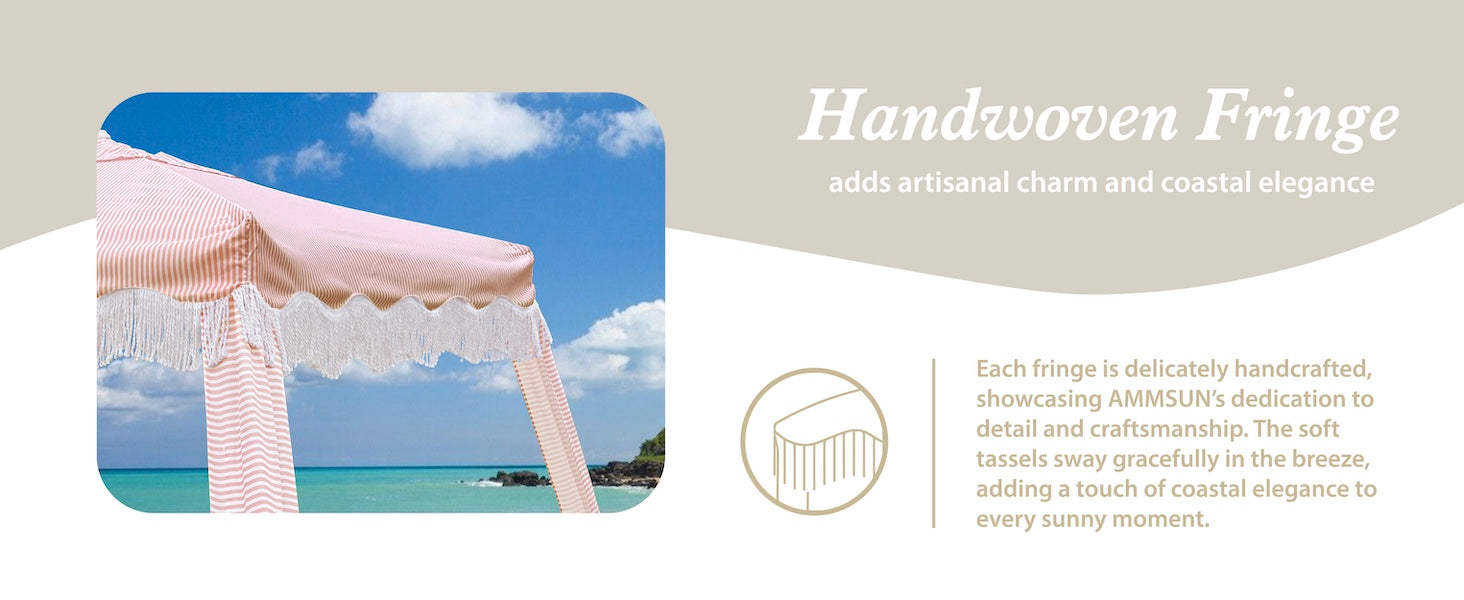 AMMSUN Pink stripes 7ft x 7ft fringe beach umbrella beach canopy has handwoven fringe 