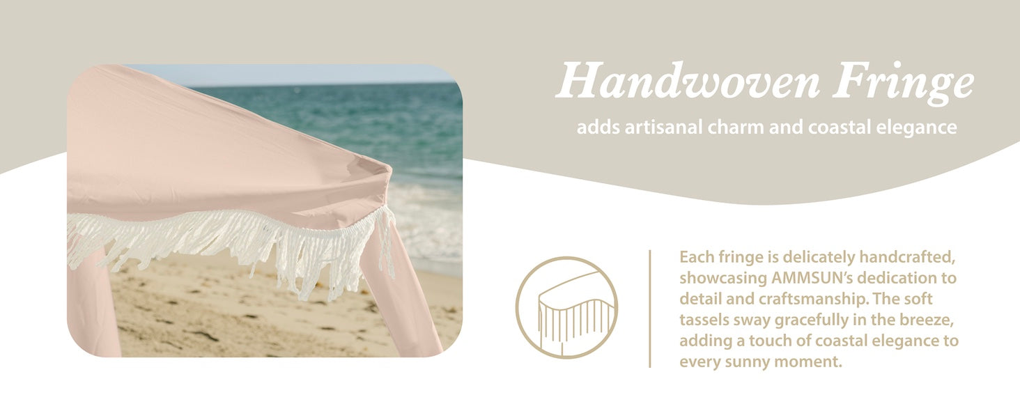 AMMSUN Pink Coral 7ft x 7ft beach canopy has handwoven fringe 