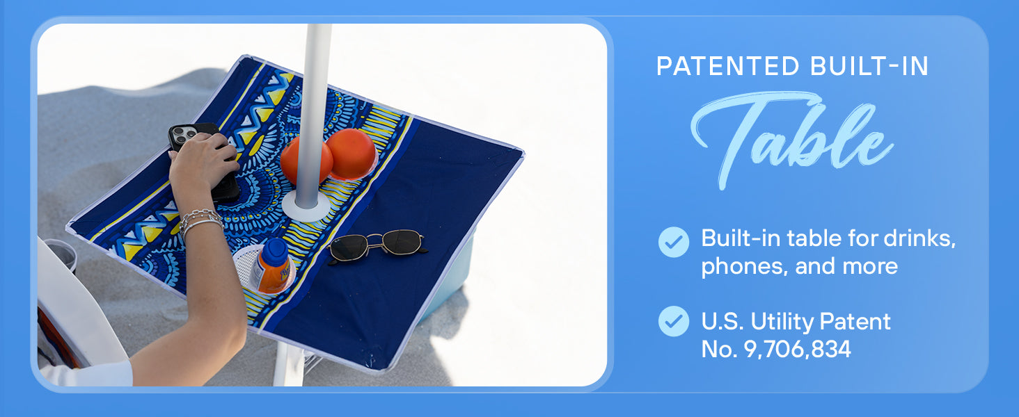 Patened built-in table for AMMSUN 7ft travel beach umbrella with sand anchor