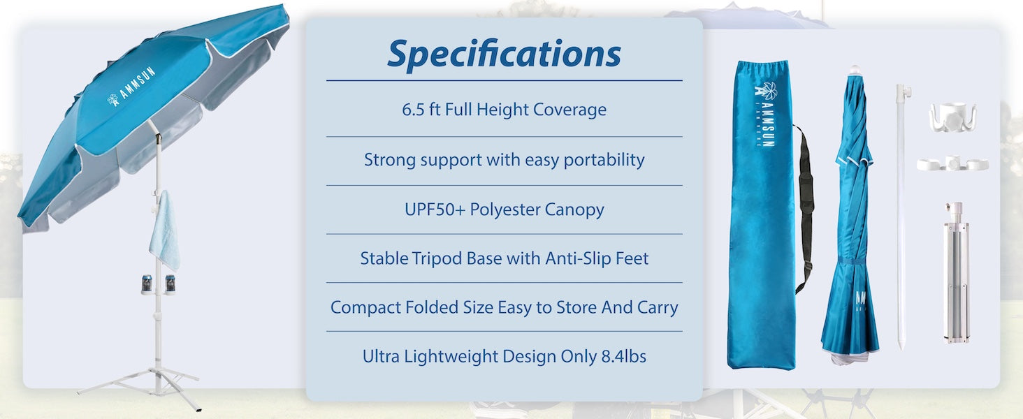 AMMSUN 6.5ft portable sports umbrella with stand for outdoor has drink holder for bottles, hat, and towel