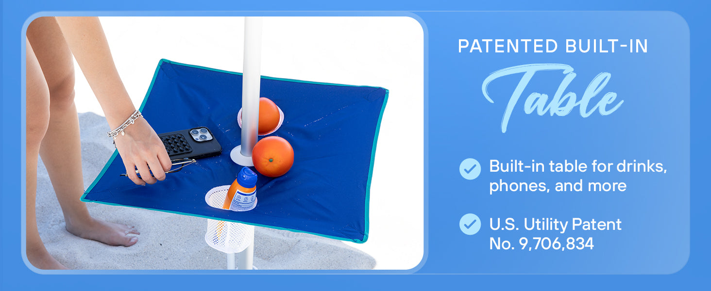 Built-in table for AMMSUN 7ft wind resistant beach umbrella with sand anchor for drinks and phones