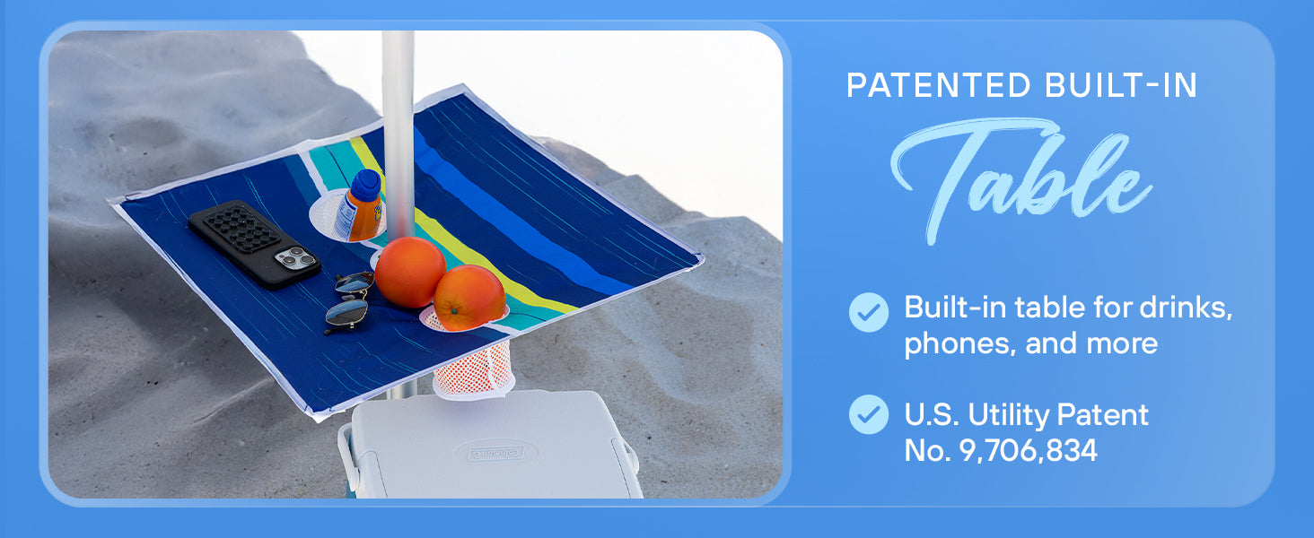 Built-in table for AMMSUN 7ft travel beach umbrella with sand anchor fits for drinks, phones and more