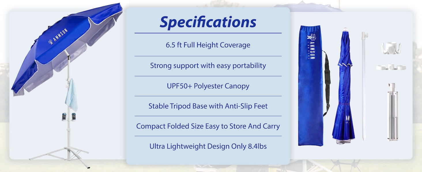 AMMSUN 6.5ft portable beach umbrella witb tropid for sport umbrella is UPF50+ and lightweight