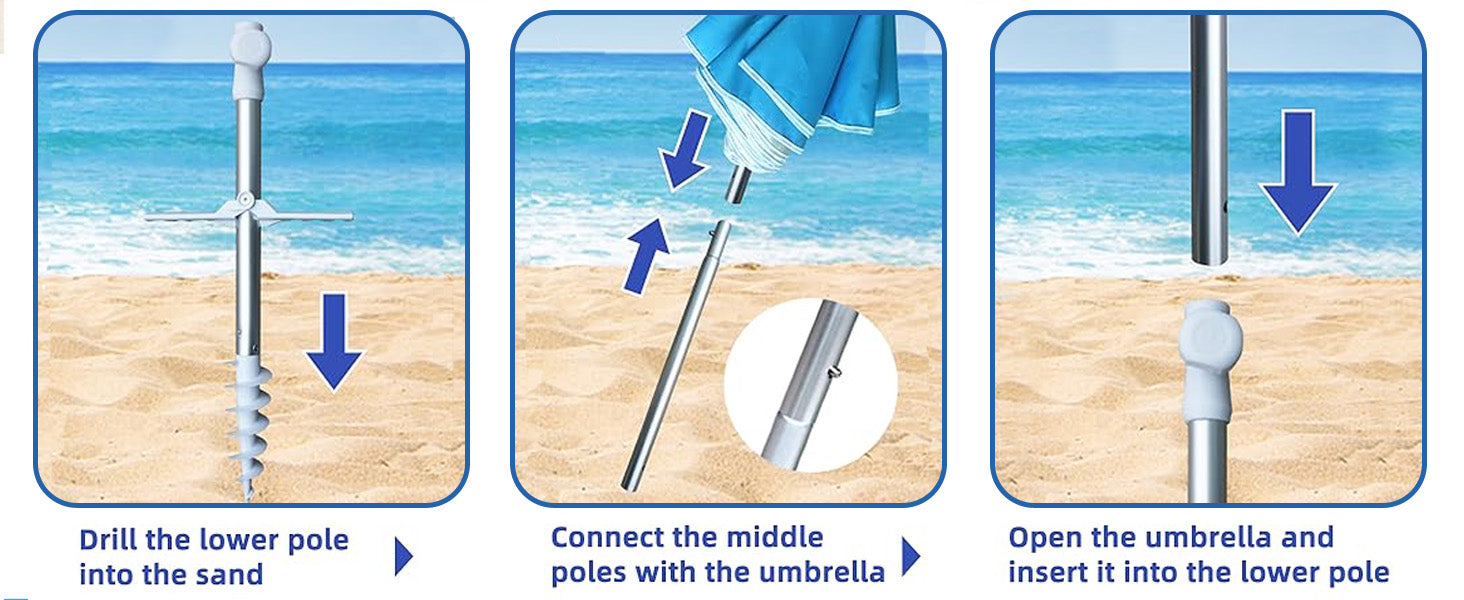 Three steps to assemble AMMSUN 6.5ft folded portable umbrellas for rain with its annchor and middle poles