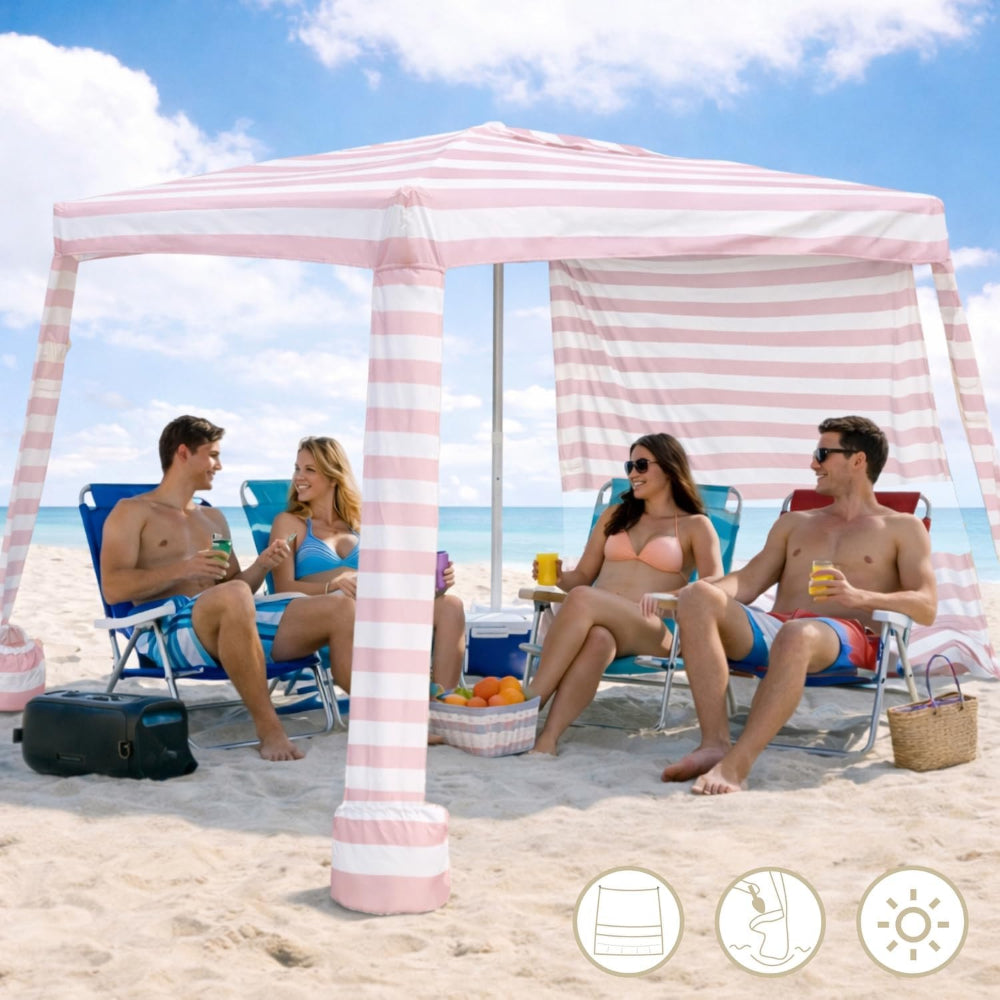 4 people sitting under an AMMSUN extra large pink stripes beach tents sun shelter cabana with sunwall for beach