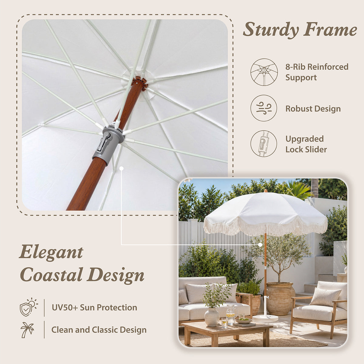 AMMSUN fringe umbrella outdoor patio with wood-inspired steel pole hss elegant coastal design and fiberglass ribs