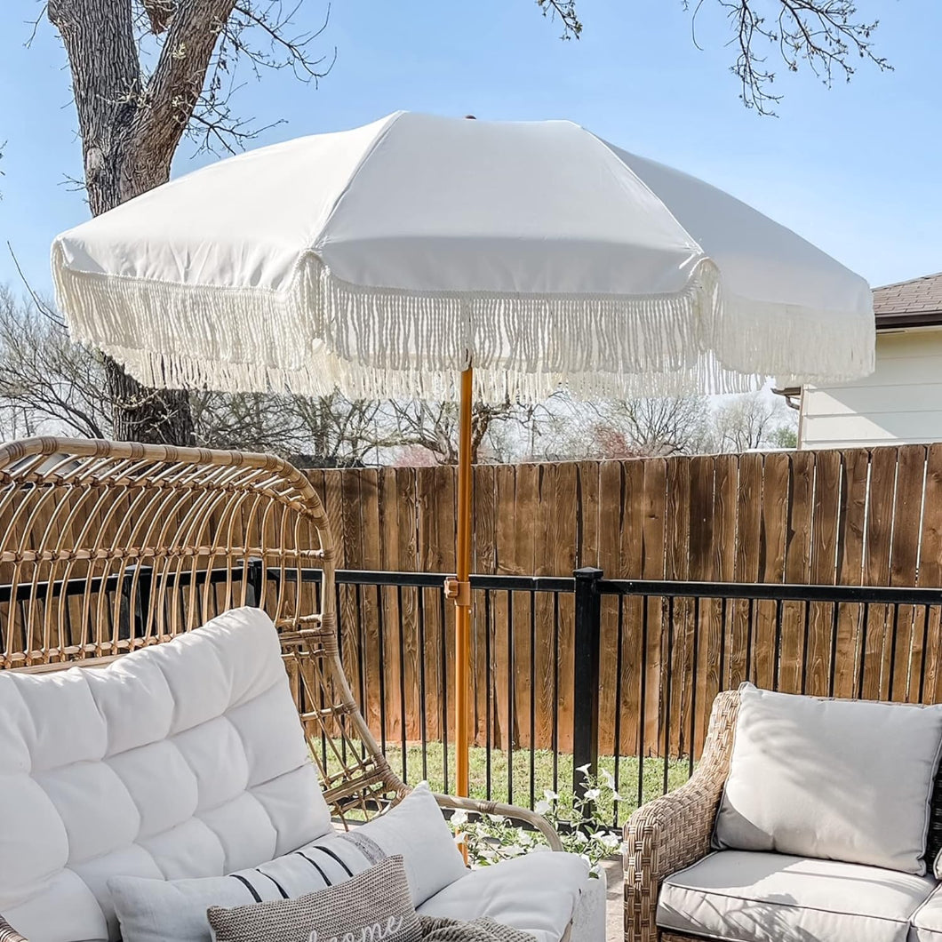 cream patio umbrellas AMMSUN 7ft Patio Fringe Umbrella,Elegant Cream