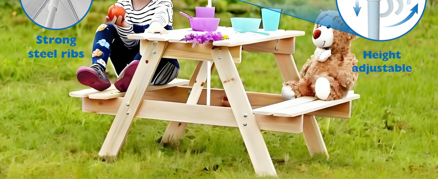 A little girl relaxing under an AMMSUN 5ft blue white waterproof and uv protection kids patio umbrella for picnic table