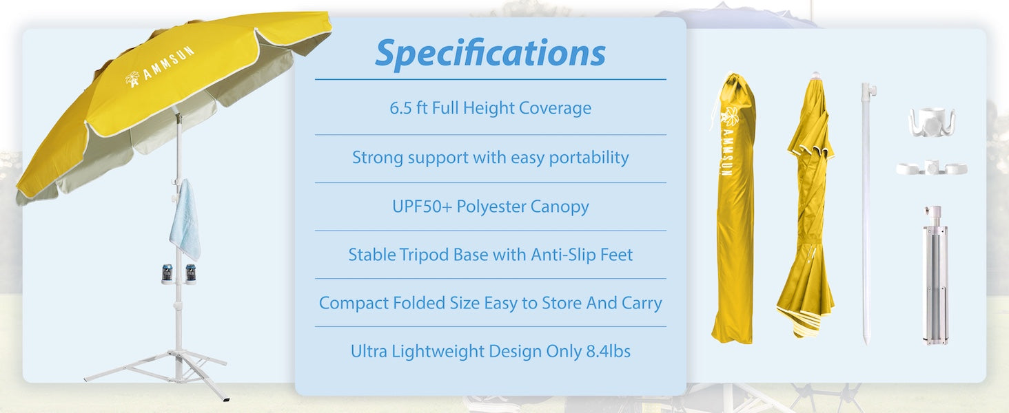 AMMSUN 6.5ft yellow portable umbrella with stand has hook and cup holder for sports umbrella