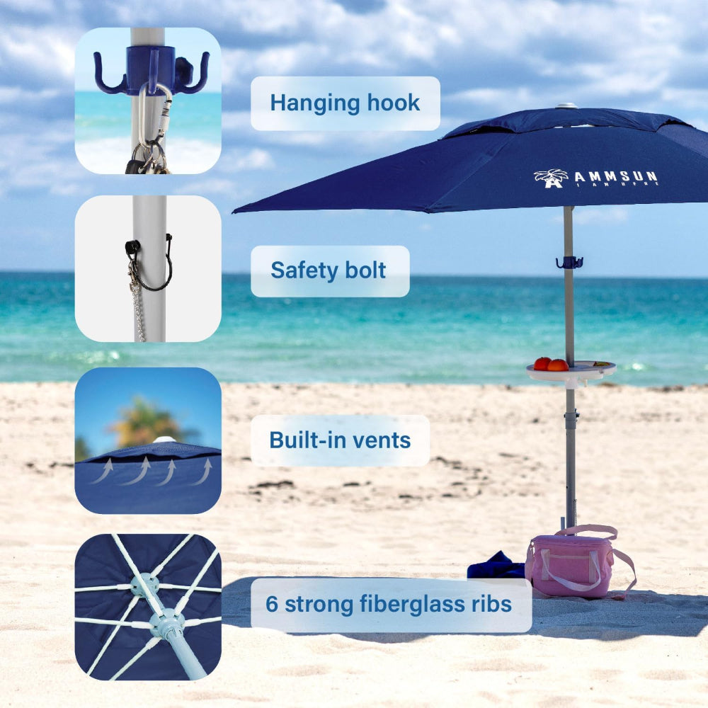 AMMSUN 8ft heavy duty commercial grade umbrella with sand anchor, fiberglass ribs has a safety bolt and hook