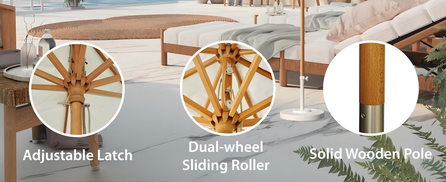 AMMSUN 8.5FT pulley lift large umbrella outdoor patio wooden umbrella has latch, durable sliding roller