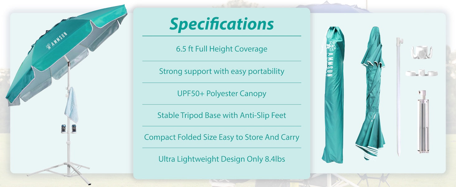 AMMSUN 6.5ft portable sports umbrella with stand for outdoor has drink holder for bottles, hat, and towel