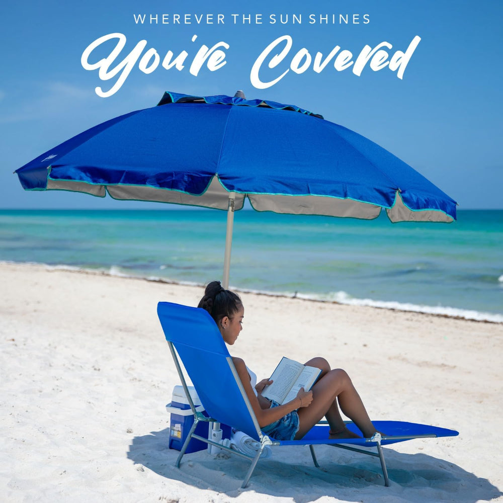 AMMSUN 6.5ft Outdoor Umbrella with sand anchor,Solid Blue