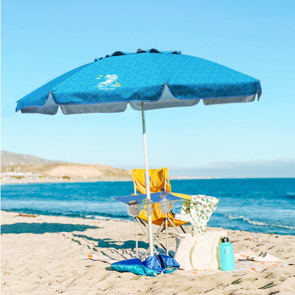 AMMSUN 6.5ft Beach Umbrella with Sand Anchor & Table,Sky Blue