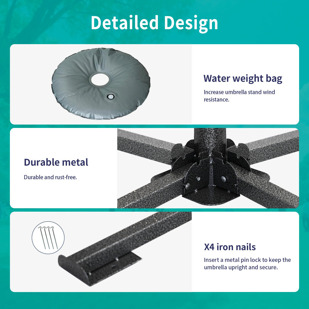 AMMSUN portable beach umbrella stand with durable metal has a water weight bag and 4 iron nials for grassland