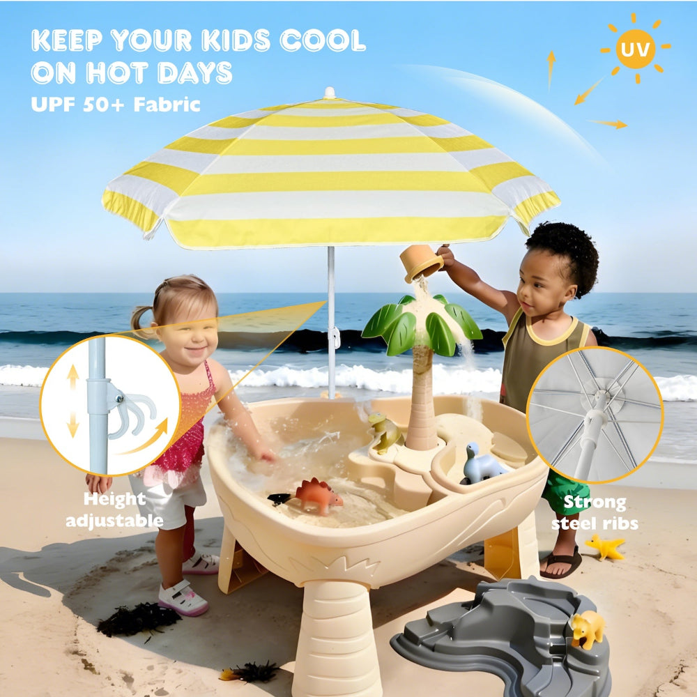 Two kids having fun with the water table sheltered by AMMSUN 5ft yellow white chair umbrella for kids with height adjustment and strong ribs