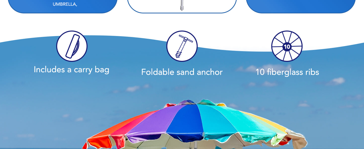 AMMSUN 7.5ft rainbow sombrilla de playa for outdoor portable beach umbrella with 10 fiberglass rib and sand anchor has a carry bag