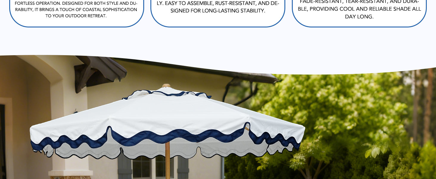 AMMSUM rivulet blue market umbrella for sombrillas de playa with blue trim against a blurred green background