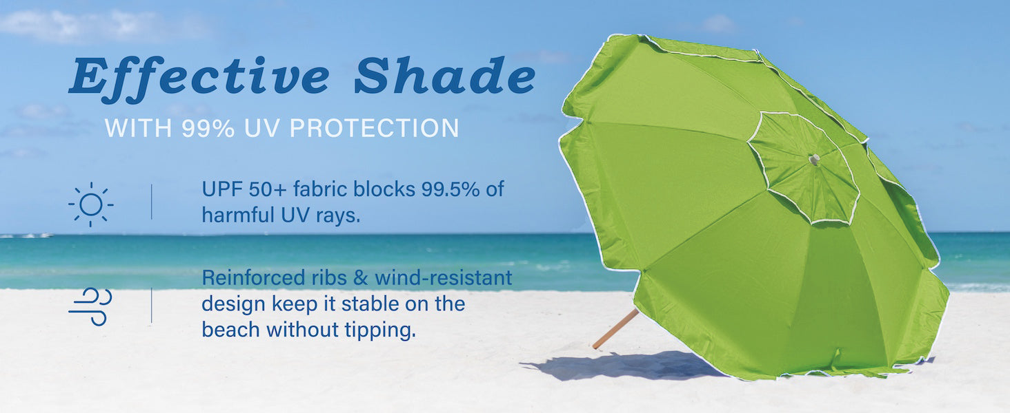 AMMSUN 7.5ft green beach umbrella portable with UV protection on a beach