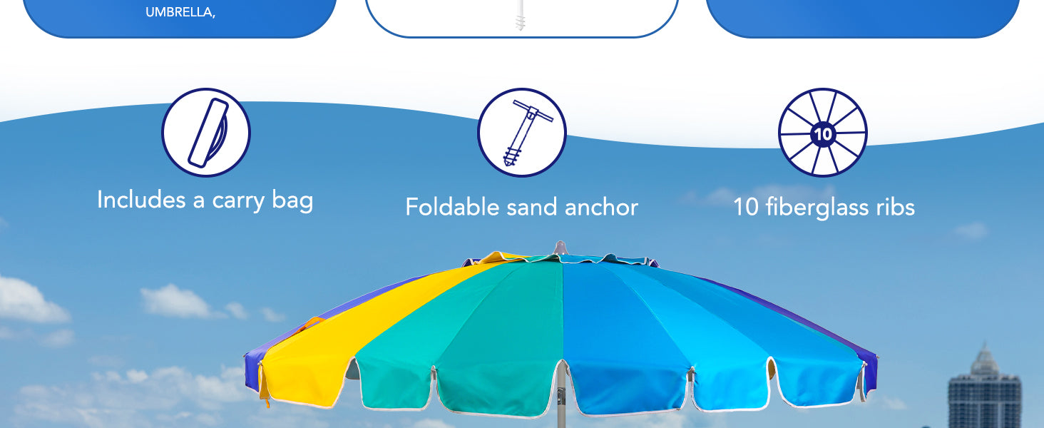 AMMSUN 7.5FT multicolor blue heavy duty umbrella windproof has 10 fiberglass ribs, with sand anchor and carry bag