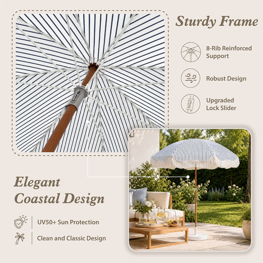 AMMSUN 6.5ft Fringe Umbrella,Wood-inspired Finish Steel Pole, Navy Blue Stripes
