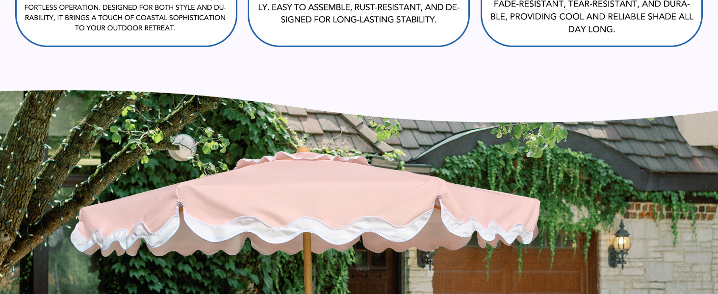 AMMSUN Deep Peach pulley lift backyard umbrella outdoor with white trim in a garden
