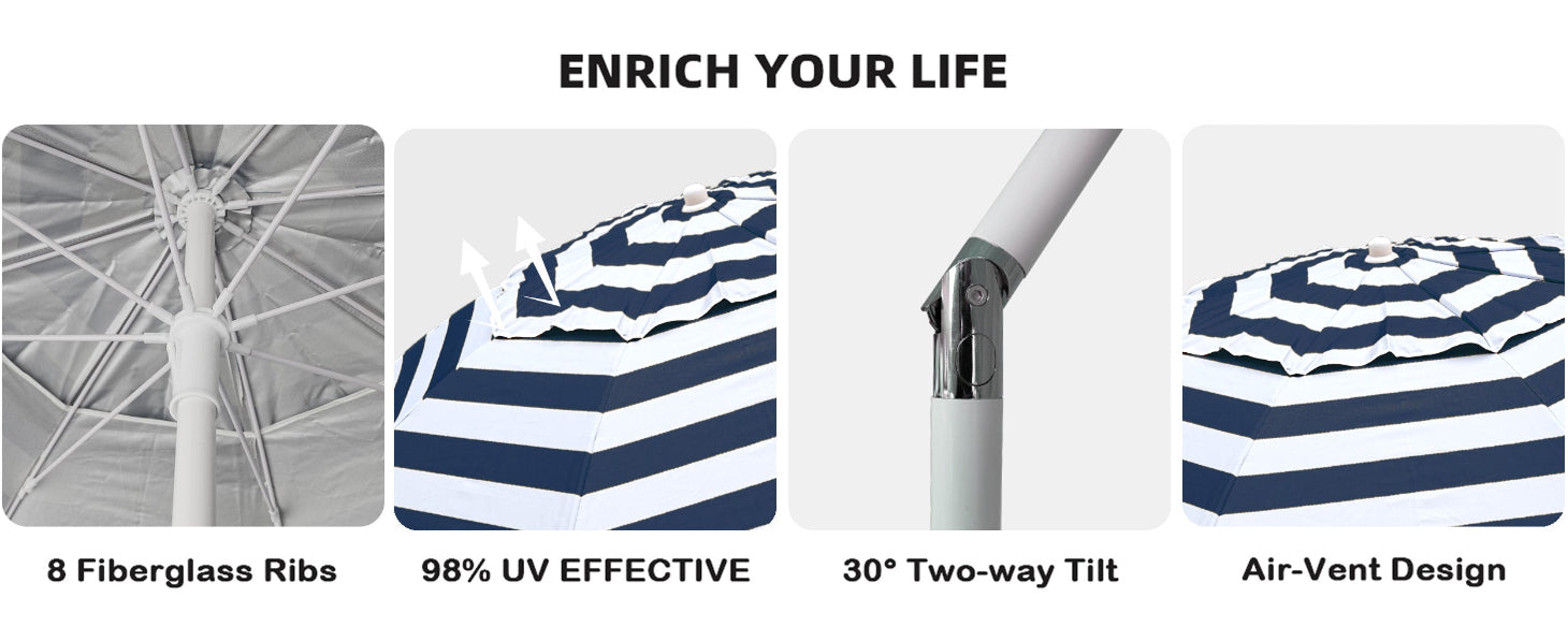 AMMSUN 6.5ft portable umbrella with stand, lightweight sports umbrella with air-vent and 8 fiberglass ribs, tilt for sun blocking