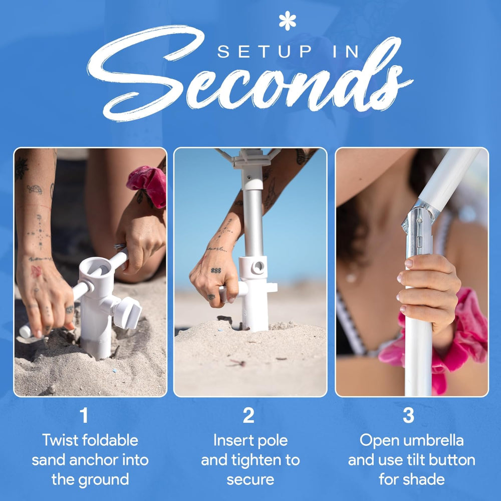 Using AMMSUN patent sand anchor for umbrella, in 3 steps: iron pipe removal, rotate anchor into sand and tighten knob