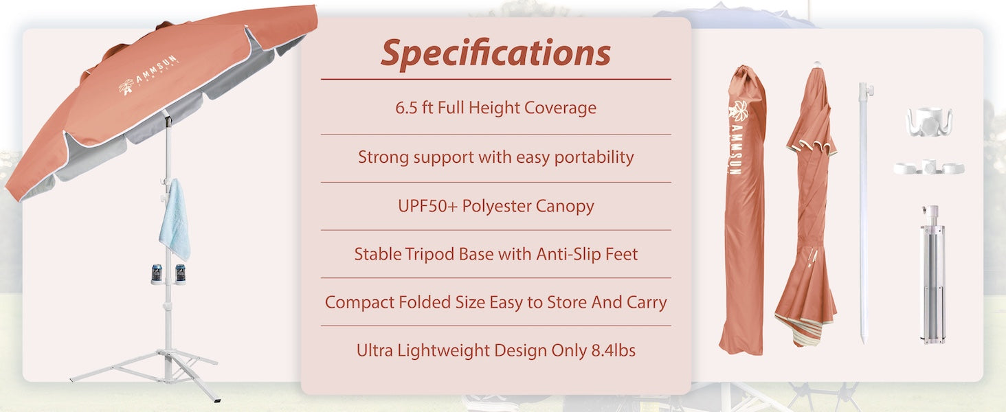 AMMSUN 6.5ft portable sports umbrella with stand for outdoor has drink holder for bottles, hat, and towel