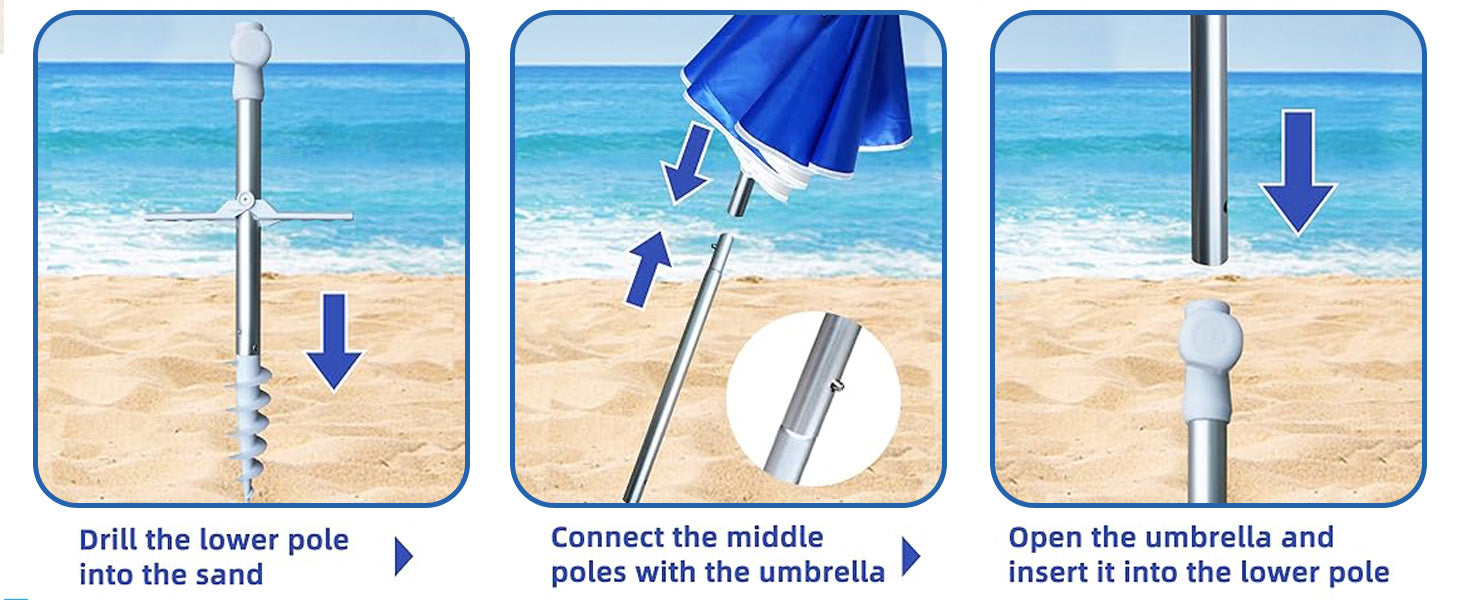 Three steps to assemble AMMSUN 6.5ft folded travel umbrella compact with its annchor and middle poles