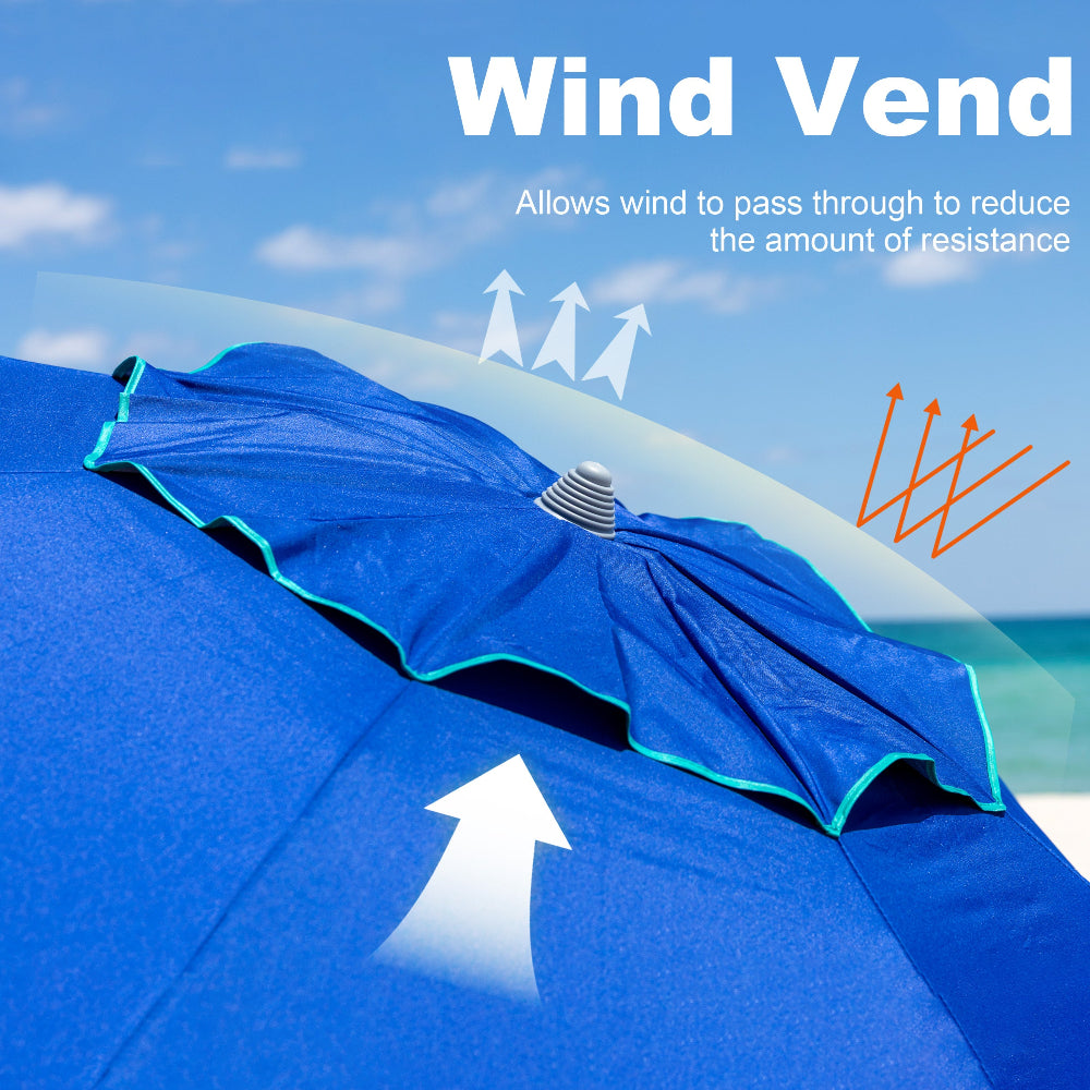 AMMSUN 7ft blue beach umbrella for chair, with UV 50+, standing on beach with sand anchor