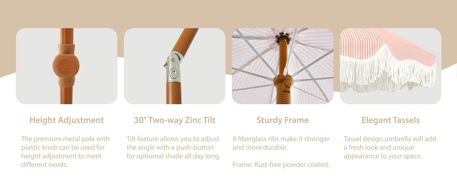 AMMSUN Boho Fringe Umbrella Outdoor Patio, 6.5ft UPF50+ Picnic Umbrella with Tassels with Steel Pole and Push Button Tilt