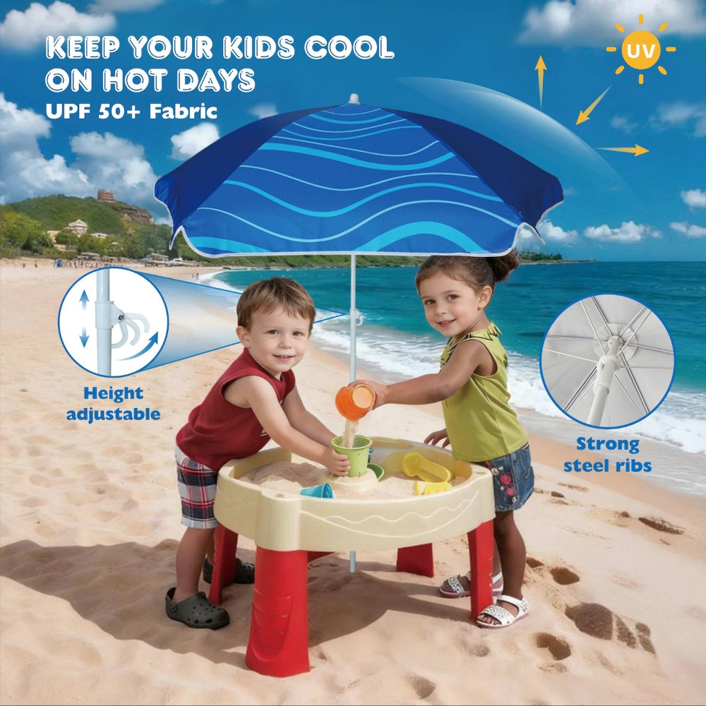 Two kids having fun with the water table sheltered by AMMSUN 5ft navy blue chair umbrella for kids with height adjustment and strong ribs