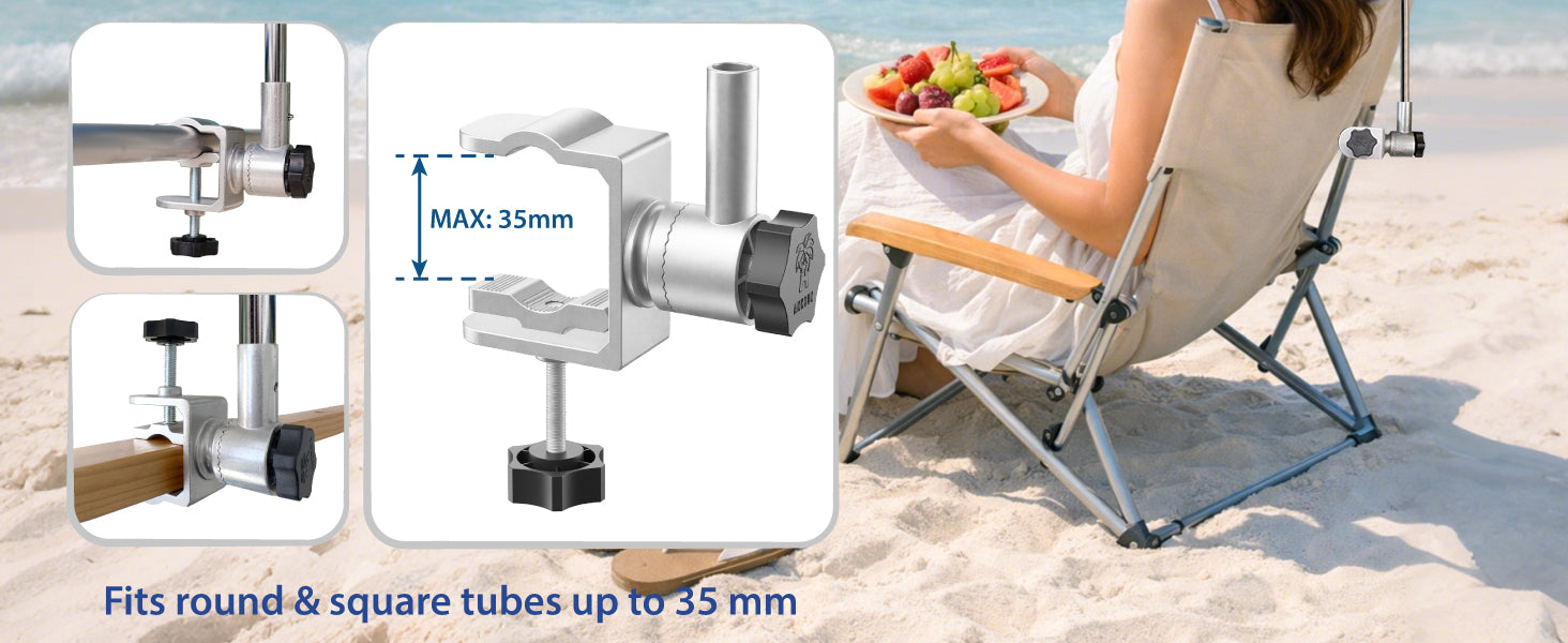 A woman sitting under an AMMSUN grey large size compact umbrella stroller with clamp for 360 degree swivel