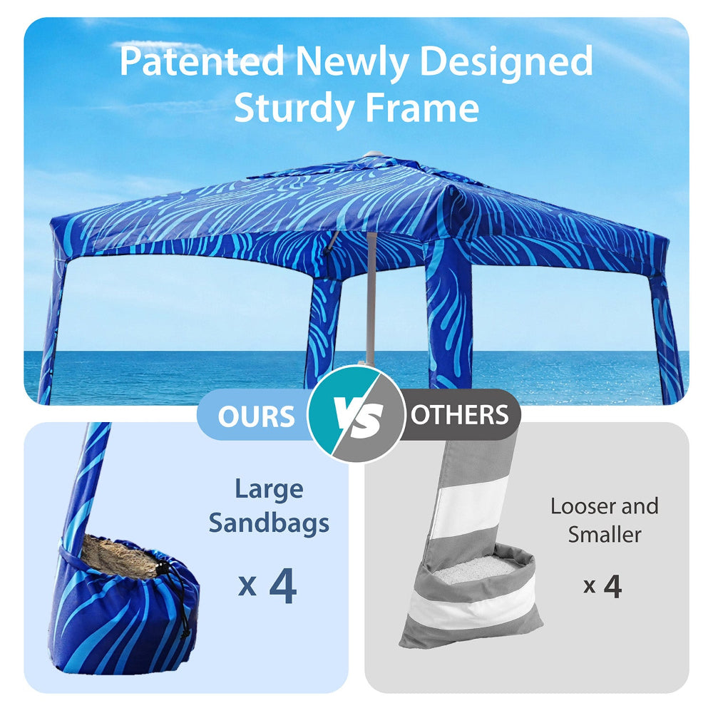 AMMSUN 8ft x 8ft foldable cool cabanas beach canopy has 4 large sandbags and patented designed sturdy frame for stability.