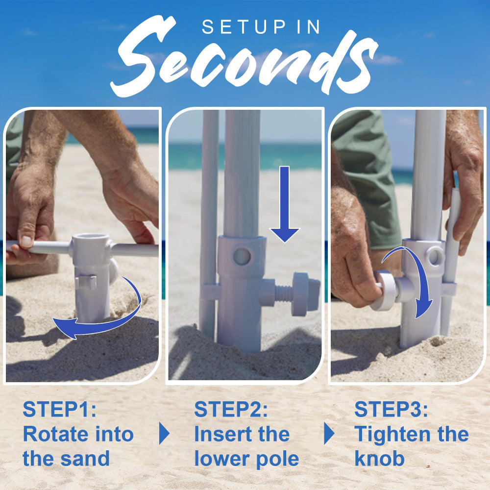 Using AMMSUN patent sand anchor for umbrella, in 3 steps: iron pipe removal, rotate anchor into sand and tighten knob