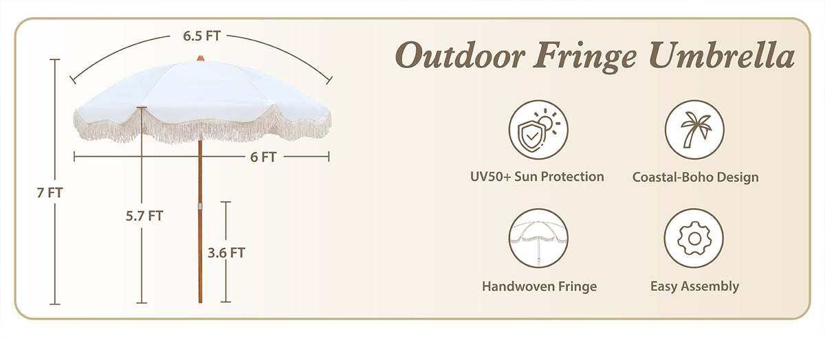 AMMSUN 6.5ft Boho fringe picnic umbrella with Wood-inspired Finish Steel Pole in 7ft tall with 8 ribs and a knob for height for patio umbrella