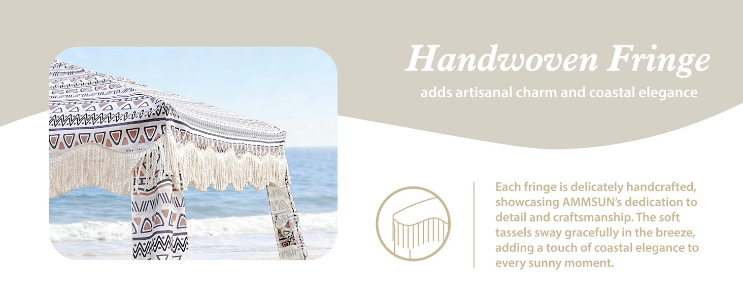 AMMSUN tan stripes 7ft x 7ft cool cabanas beach canopy has handwoven fringe 