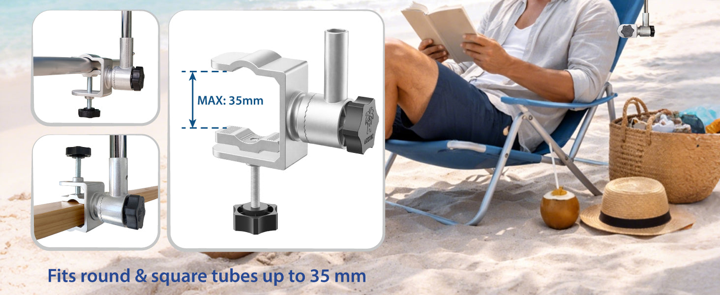 A man sitting under an AMMSUN black large size beach chair umbrella with clamp for 360 degree swivel