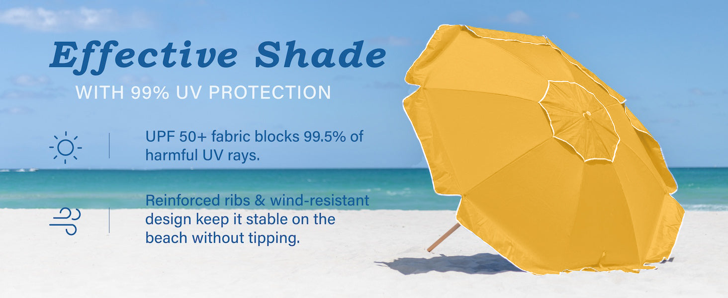 AMMSUN 7.5ft yellow large beach umbrella with UV protection on a beach