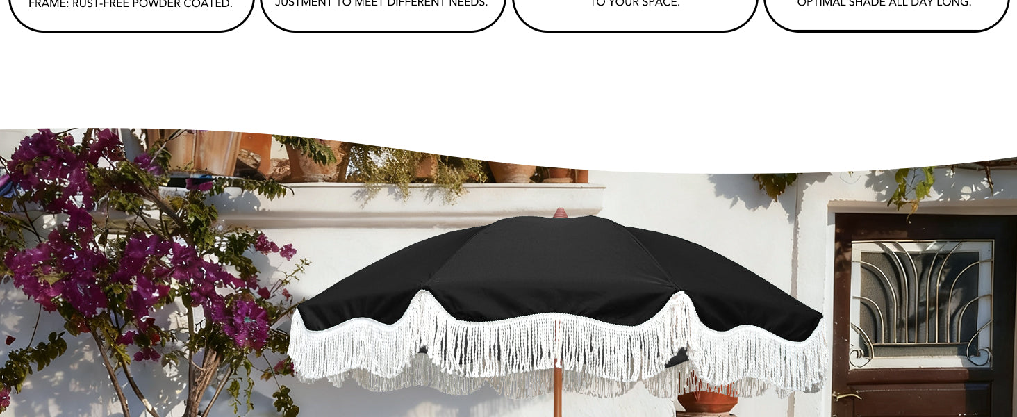 AMMSUN 6.5ft outdoor umbrella with white fringe on backyard
