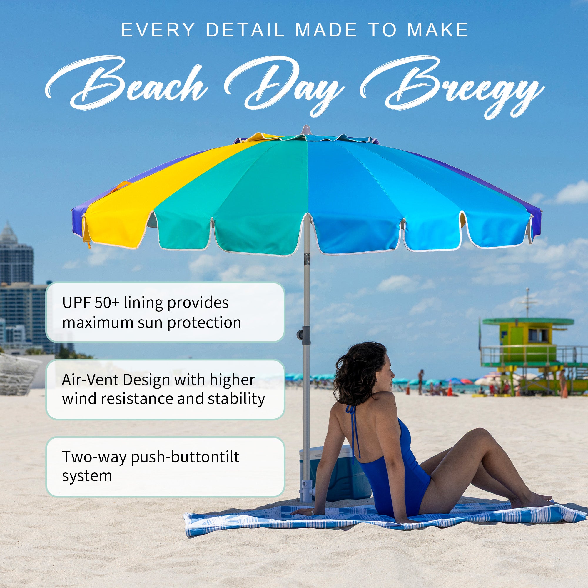 AMMSUN 7.5ft Beach Umbrella with sand anchor,Multicolor Blue