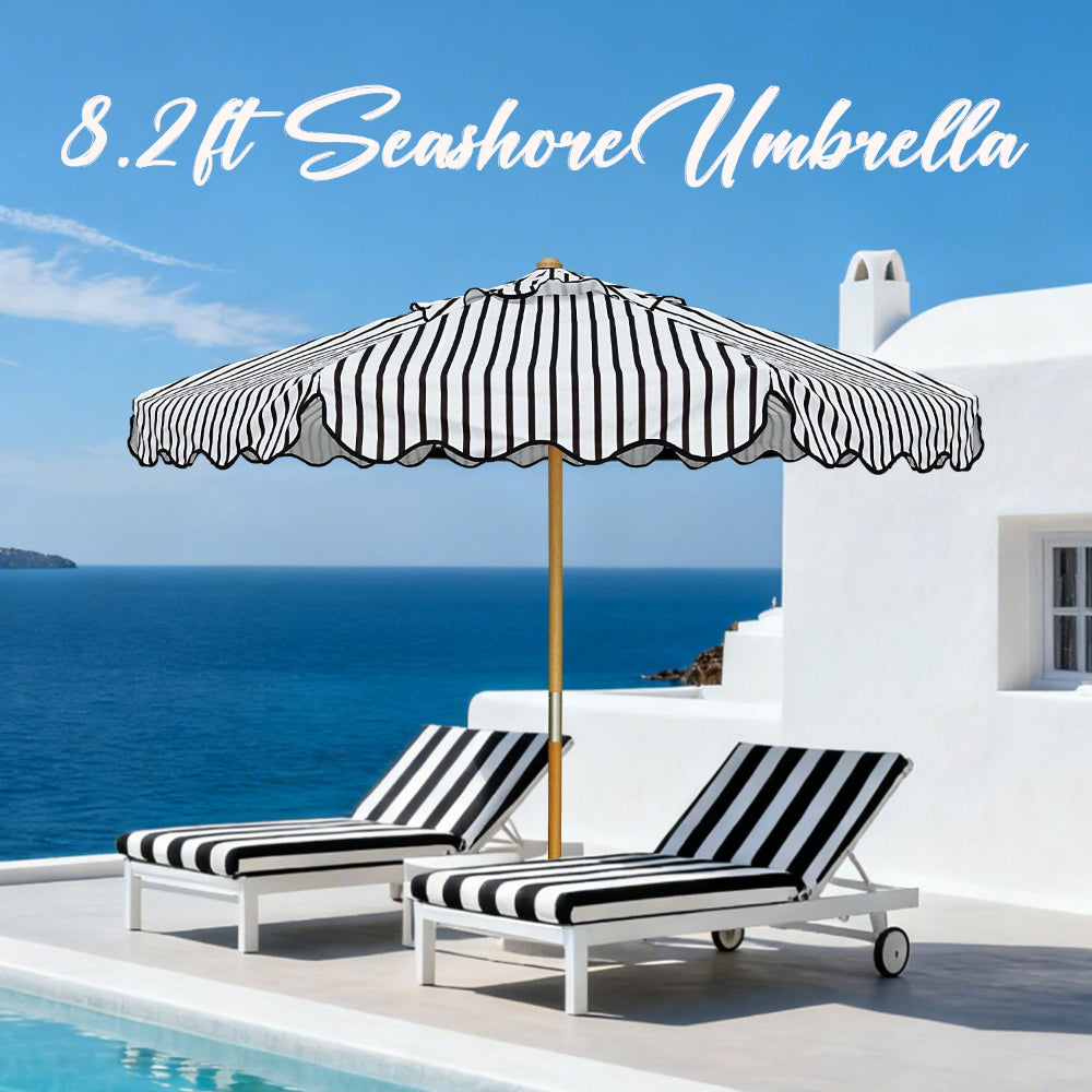 AMMSUN 8.2ft wpc umbrella  outdoor patio featuring a vibrant seahorse design, providing shade by poolside. 