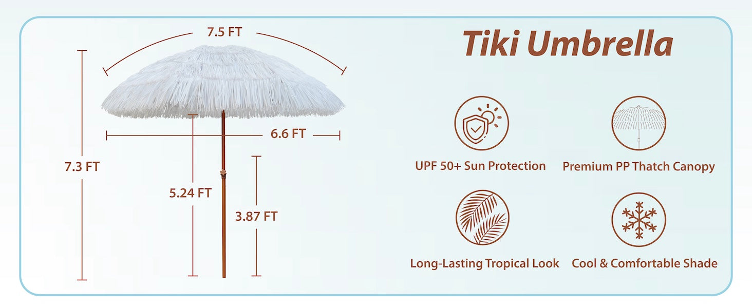 AMMSUN 7.5ft white tiki umbrella for outdoor table umbrella outdise with measurements